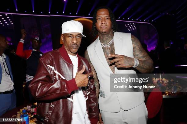 Rakim and Moneybagg Yo pose for a photo during the 65th GRAMMY Awards at Crypto.com Arena on February 05, 2023 in Los Angeles, California.