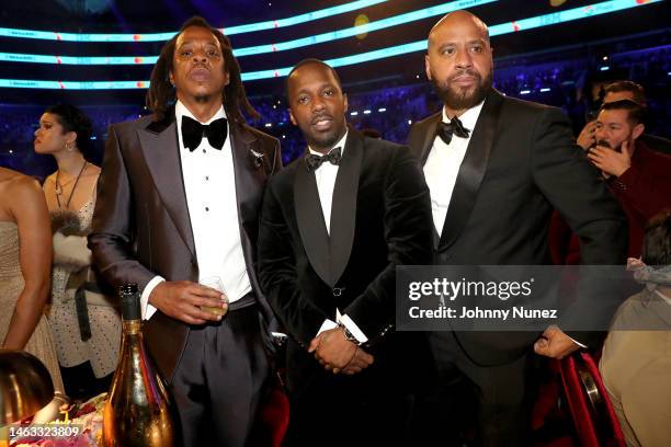 Jay-Z, Rich Paul, and Juan “OG” Perez attend the 65th GRAMMY Awards at Crypto.com Arena on February 05, 2023 in Los Angeles, California.