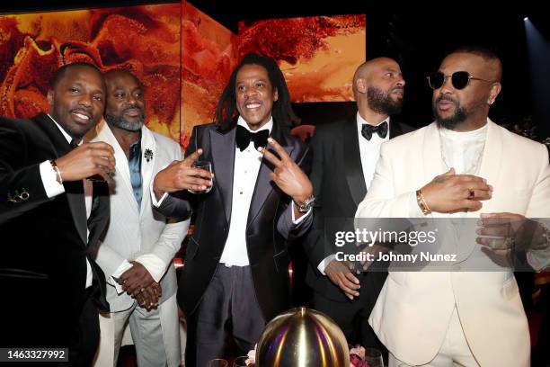 Rich Paul, Steve Stoute, Jay-Z, Juan “OG” Perez and The-Dream attend the 65th GRAMMY Awards at Crypto.com Arena on February 05, 2023 in Los Angeles,...