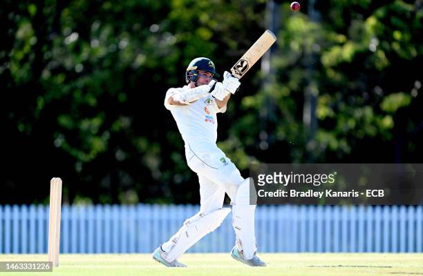 Ethan Jamieson of Australia hits the ball to the boundary for a four during day 1 of the Second Test match between Australia U19 and England U19 at...
