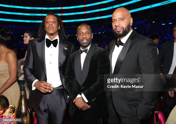 Jay-Z, Rich Paul and Juan 'OG' Perez attend the 65th GRAMMY Awards at Crypto.com Arena on February 05, 2023 in Los Angeles, California.