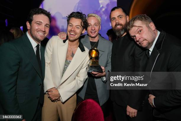 Jeffrey Azoff, Harry Styles, Kid Harpoon, Tyler Johnson, and CEO of the Sony Music Group Rob Stringer pose with the Album Of The Year award for...