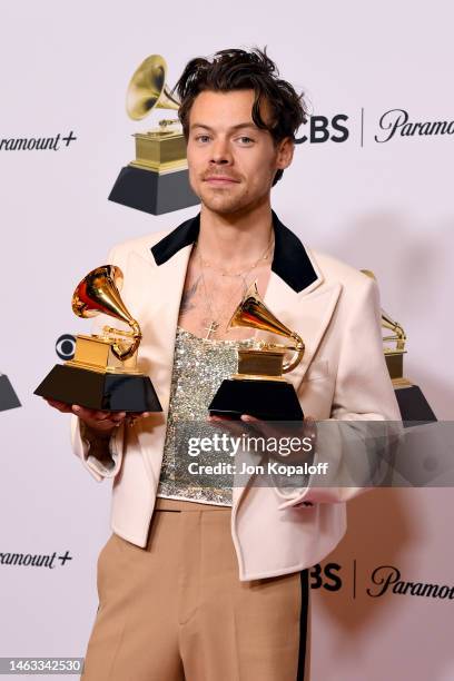 Harry Styles winner of Best Pop Vocal Album for “Harry’s House” and Album of the Year for “Harry’s House” poses in the press room during the 65th...