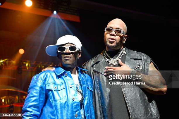 Flavor Flav and Flo Rida perform at the 65th GRAMMY Awards GRAMMY Celebration at Los Angeles Convention Center on February 05, 2023 in Los Angeles,...