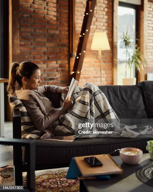 femme détendue lisant un livre dans le salon. - blanket photos et images de collection