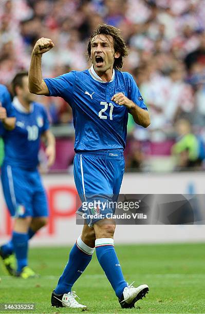 Andrea Pirlo of Italy celebrates scoring the opening goal during the UEFA EURO 2012 group C match between Italy and Croatia at The Municipal Stadium...