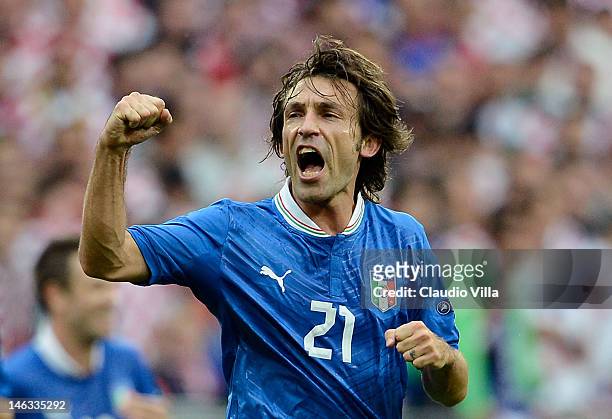 Andrea Pirlo of Italy celebrates scoring the opening goal during the UEFA EURO 2012 group C match between Italy and Croatia at The Municipal Stadium...
