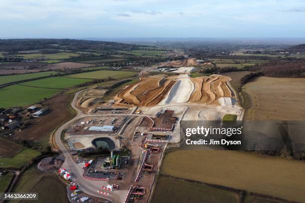 An aerial view of the ongoing HS2 works near Jones Hill Wood and across the Misbourne Valley, on February 05, 2023 in Great Missenden, England....