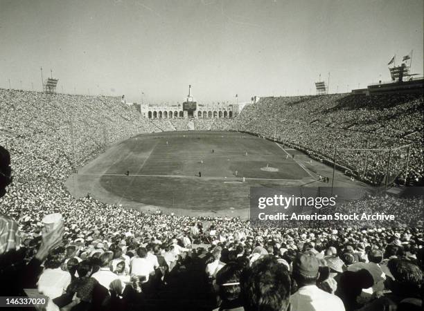 General view of the 1959 World Series with the Chicago White Sox and the Los Angeles Dodgers in October, 1959 at the Los Angeles Memorial Coliseum in...