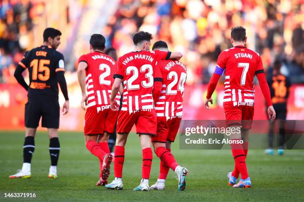 Borja Garcia of Girona FC celebrates scoring his side's first goal with his team mates during the LaLiga Santander match between Girona FC and...
