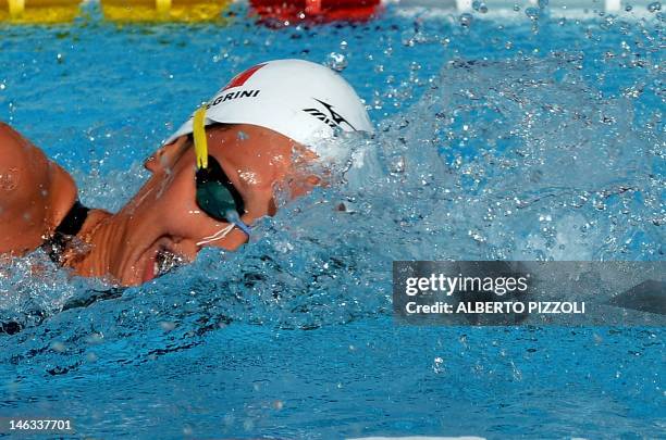 Italian Federica Pellegrini competes and win during the women’s 400mt freestyle at the Settecolli trophy on June 14, 2012 at Rome’s Foro Italico. AFP...