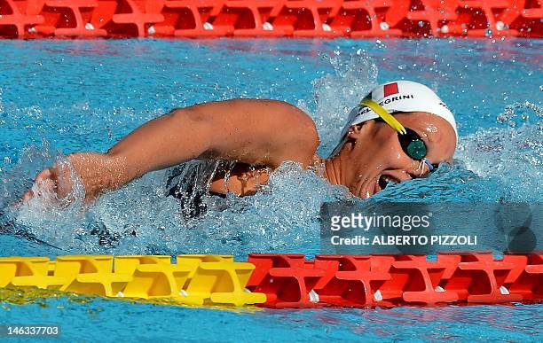 Italian Federica Pellegrini competes and win during the women’s 400mt freestyle at the Settecolli trophy on June 14, 2012 at Rome’s Foro Italico. AFP...