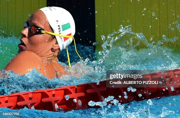Italian Federica Pellegrini reacts as she won the women’s 400mt freestyle at the Settecolli trophy on June 14, 2012 at Rome’s Foro Italico. AFP PHOTO...