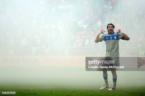 Gianluigi Buffon of Italy gestures during the UEFA EURO 2012 group C match between Italy and Croatia at The Municipal Stadium on June 14, 2012 in...