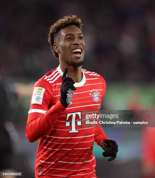 Kingsley Coman of FC Bayern Muenchen celebrates after scoring his team's first goal during the Bundesliga match between VfL Wolfsburg and FC Bayern...
