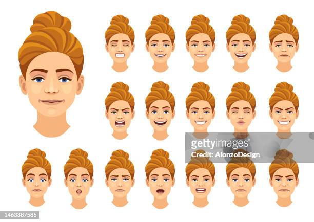 young woman facial emotions set. - multiple image template stock illustrations