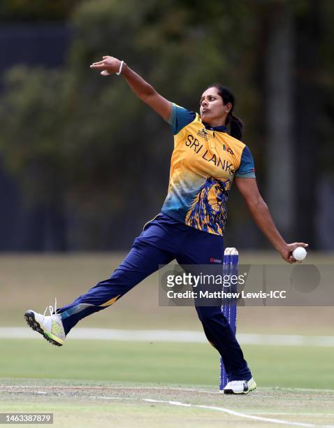 Inoka Ranaweera of Sri Lanka in bowling action during a warm-up match between Sri Lanka and Ireland prior to the ICC Women's T20 World Cup South...
