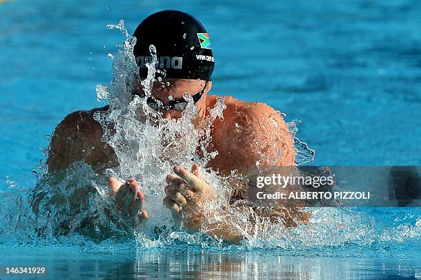 South African Cameron Van Der Burgh competes during the men’s 100-metre breaststroke swimming event at the Settecolli trophy on June 14, 2012 at...