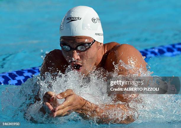 France's Giacomo Perez Dortona competes during the men’s 100-metre breaststroke swimming event at the Settecolli trophy on June 14, 2012 at Rome’s...