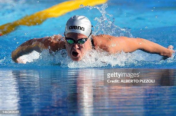 Netherlands's Inge Dekker competes during the women’s 100-metre butterfly swimming event at the Settecolli trophy on June 14, 2012 at Rome’s Foro...