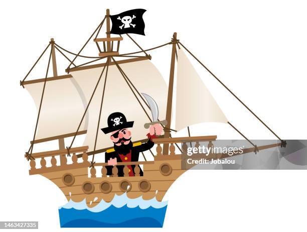 cute cartoon pirate inside his sailing ship - tall ship stock illustrations