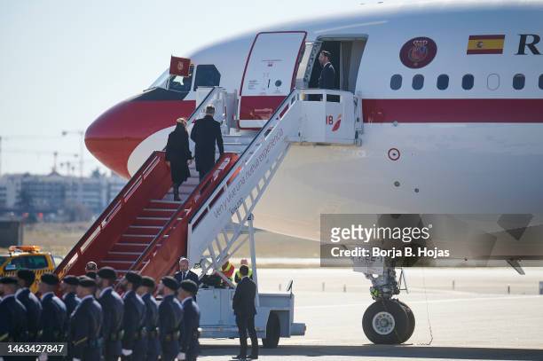 King Felipe VI of Spain and Queen Letizia of Spain depart for an official visit to Angola at Adolfo Suarez Madrid-Barajas Airport on February 06,...