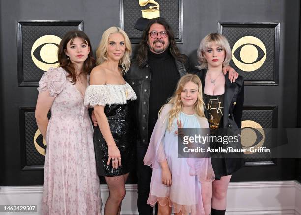 Harper Grohl, Jordyn Blum, Dave Grohl, Ophelia Grohl, and Violet Grohl attend the 65th GRAMMY Awards at Crypto.com Arena on February 05, 2023 in Los...