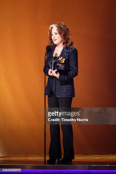 Bonnie Raitt accepts the Song of the Year award during the 65th GRAMMY Awards at Crypto.com Arena on February 05, 2023 in Los Angeles, California.