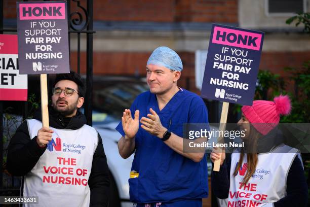 Workers and supporters picket outside the Royal Marsden hospital during a day of national strikes on February 06, 2023 in London, England. For the...