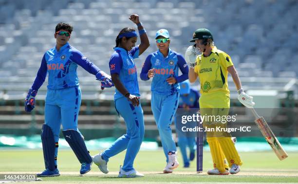 Shikha Pandey of India celebrates the wicket of Tahlia McGrath of Australia during a warm-up match between Australia and India prior to the ICC...