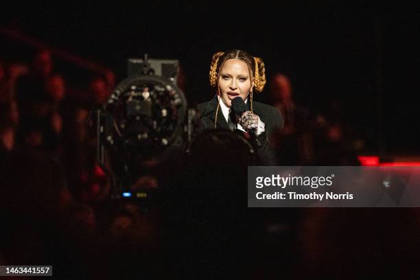 Madonna speaks during the 65th GRAMMY Awards at Crypto.com Arena on February 05, 2023 in Los Angeles, California.