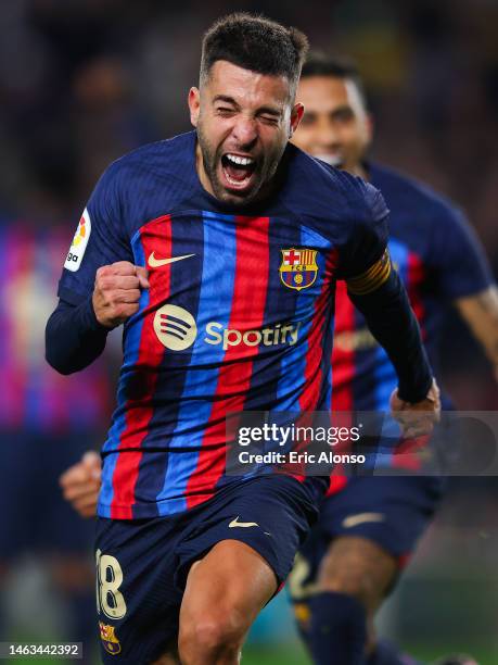 Jordi Alba of FC Barcelona celebrates scoring his side's first goal during the LaLiga Santander match between FC Barcelona and Sevilla FC at Spotify...