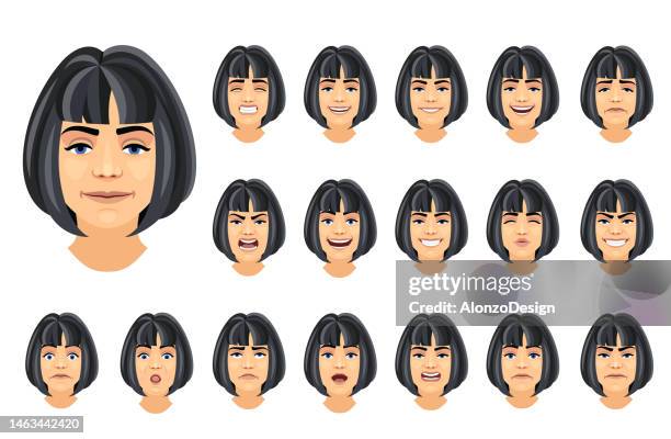 junge frau gesichtsemotionen eingestellt. - fade in stock-grafiken, -clipart, -cartoons und -symbole