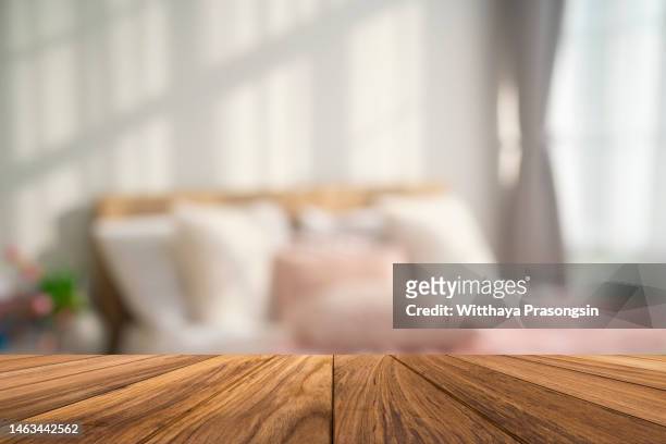 wood empty surface and bedroom as background - wood desk ストックフォトと画像