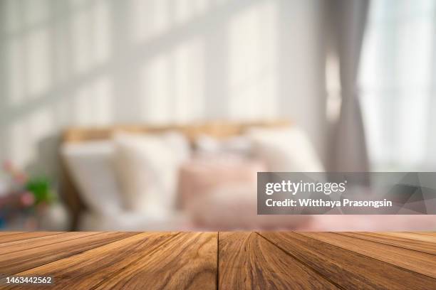 wood empty surface and bedroom as background - lifestyle backgrounds imagens e fotografias de stock