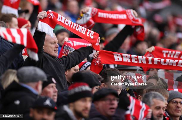 Brentford fans cheer during the Premier League match between Brentford FC and Southampton FC at Gtech Community Stadium on February 04, 2023 in...