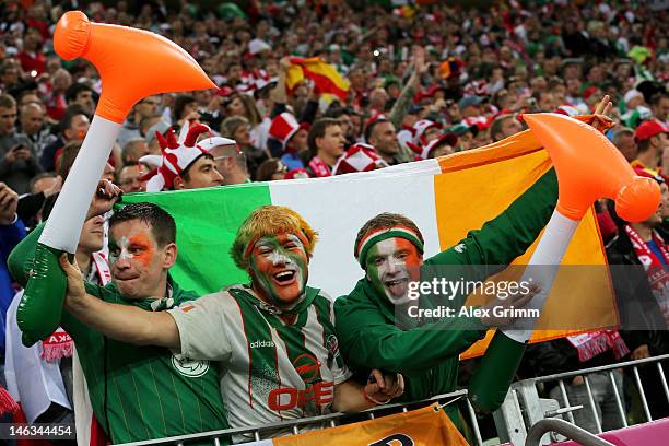 Republic of Ireland fans soak up the atmosphere during the UEFA EURO 2012 group C match between Spain and Ireland at The Municipal Stadium on June...