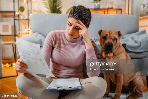 young woman with her dog checking her finances at home - belastingen stockfoto's en -beelden