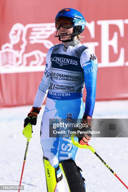 Mikaela Shiffrin of the United States reacts after competing in the Women's Alpine Combined at the FIS Alpine World Ski Championships on February 06,...