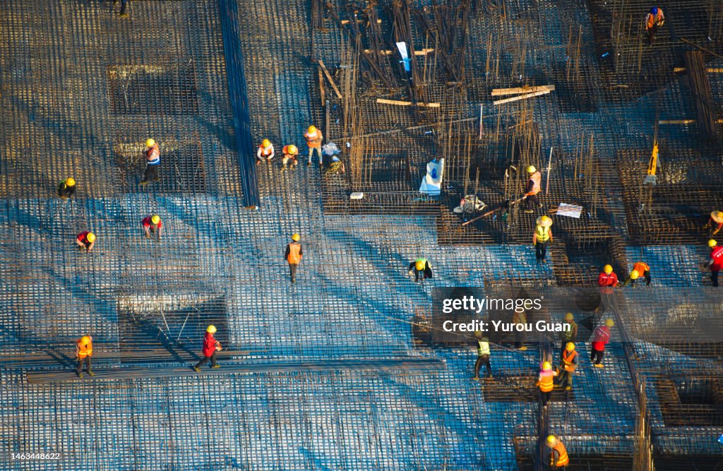 Aerial view of the busy construction site in Guzhen Town, Zhongshan, Guangdong, China.