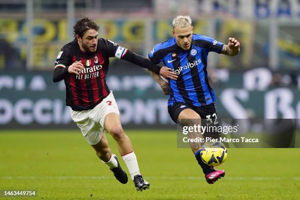 Davide Calabria of AC Milan competes for the ball with Federico Dimarco of FC Internazionale during the Serie A match between FC Internazionale and...