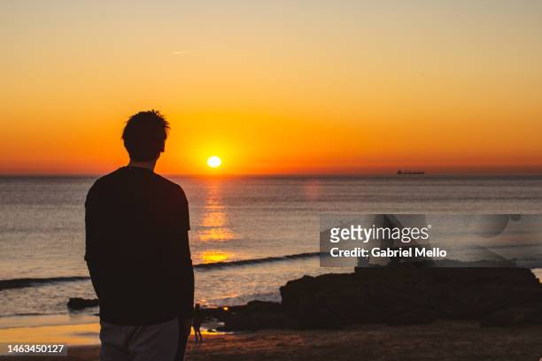 silhouette of man watching the sunset - watching sunset stock pictures, royalty-free photos & images