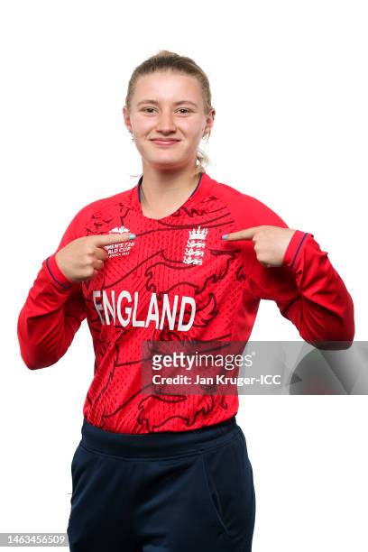 Charlie Dean of England poses for a portrait prior to the ICC Women's T20 World Cup South Africa 2023 on February 06, 2023 in Stellenbosch, South...