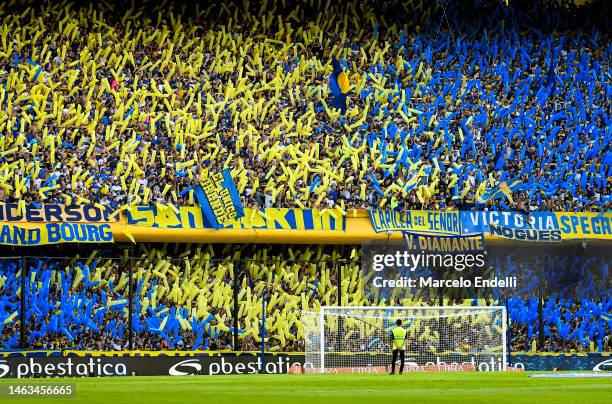 Fans of Boca Juniors cheer for their team before a match between Boca Juniors and Central Cordoba as part of Liga Profesional 2023 at Estadio Alberto...