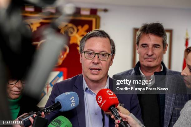 The secretary general of the PP of Madrid, Alfonso Serrano, attends to the media after an extraordinary plenary session to debate the motion of...