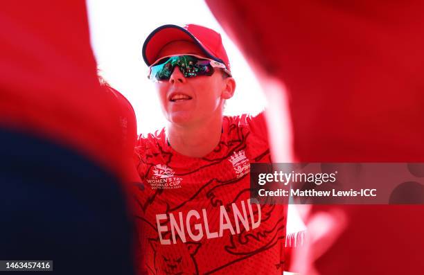 Heather Knight of England speaks to their side in the huddle during a warm-up match between South Africa and England prior to the ICC Women's T20...