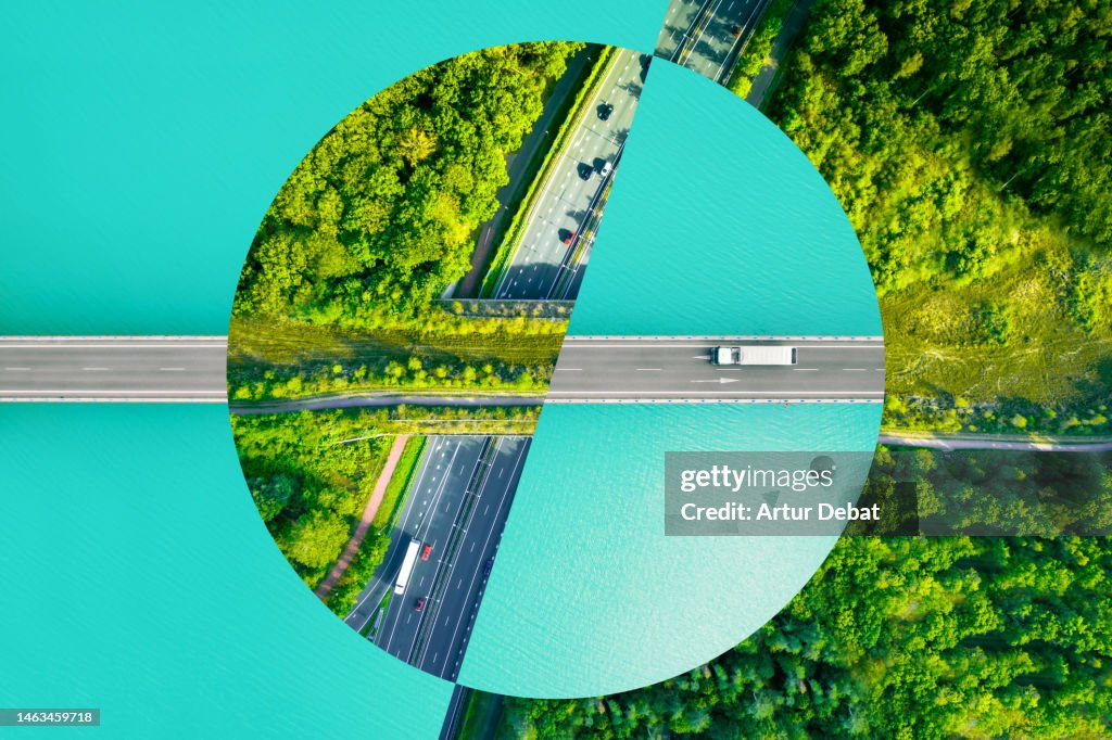 Creative picture montage with a circle shape, connecting different roads from directly above evoking sustainability.