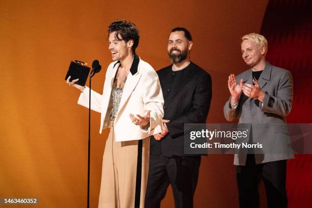 Harry Styles, Tyler Johnson and Kid Harpoon accept the Album Of The Year award for “Harry's House” during the 65th GRAMMY Awards at Crypto.com Arena...