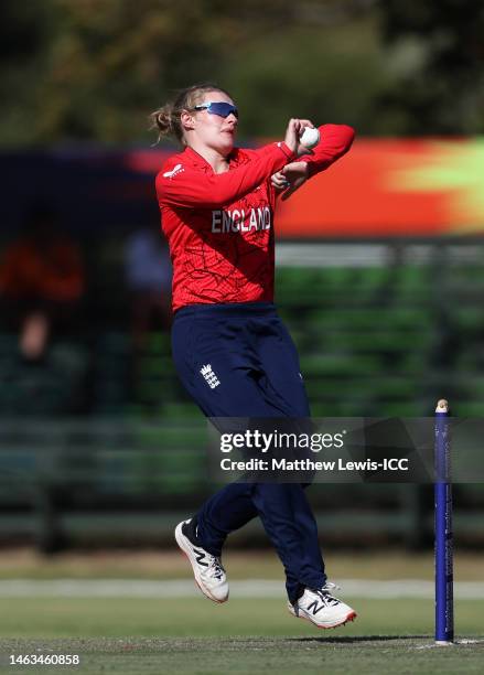 Charlie Dean of England in bowling action during a warm-up match between South Africa and England prior to the ICC Women's T20 World Cup South Africa...
