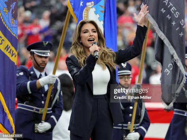 Singer Jessie James Decker performs the United States national anthem before the 2023 NFL Pro Bowl Games at Allegiant Stadium on February 05, 2023 in...